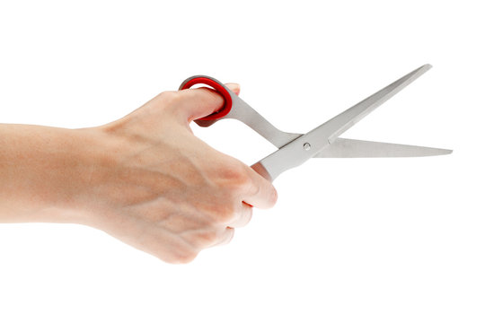 Female Hand Holding Scissors, Isolated On White Background