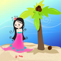 Stof per meter Schattig meisje op een tropisch strand © Glyph