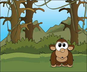 Funny cartoon monkey in the wild jungle