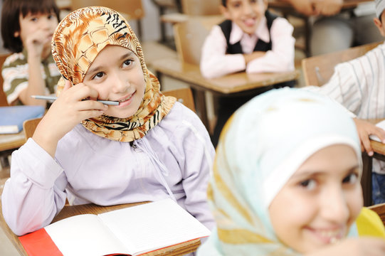 Muslim Girl Student In Classroom Thinking