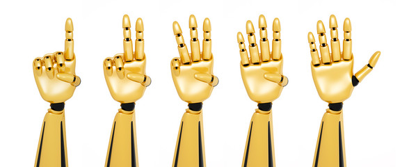 Golden 3d robotic hands showing numbers