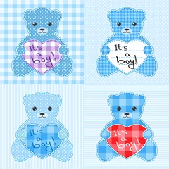 Papier Peint photo Lavable Ours Jeu de quatre cartes avec des ours en peluche bleus pour garçon.