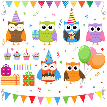 Set of vector birthday party elements with cute owls