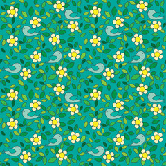 Little birds among flowers and leafs on dark green background.