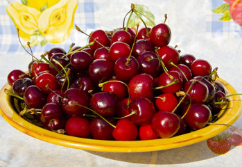 Plate with red cherries