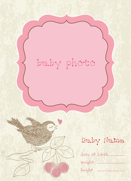 Baby Girl Arrival Card with Photo Frame in vector