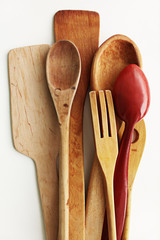 kitchen wooden utensils on a white background