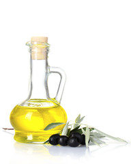 olive oil and olives isolated on white