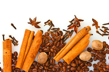 cinnamon, coffee and spices isolated on white