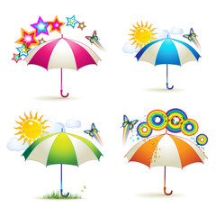 Obraz premium Colored umbrellas with stars, circles, sun and butterflies
