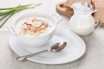 Cold kefir soup with eggs and sausage