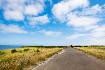 scenic, country road under cloudy blue sky