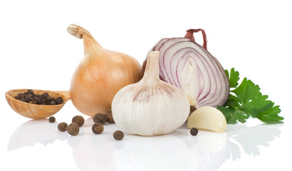 garlic, onion and green parsley on white