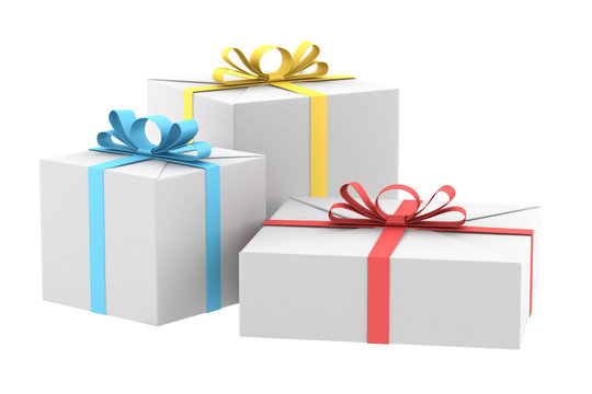 three white gift boxes with color ribbons and bows isolated