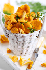 Fresh chanterelle mushrooms in basket on white wooden background © legaa