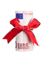 Ten Euros wrapped by ribbon isolated on white