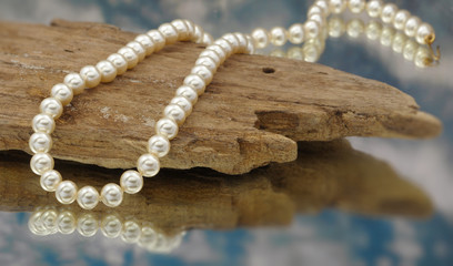 Elegant pearls with sky, drift wood, and reflection very shallow