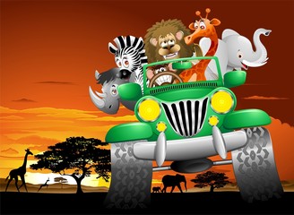 Geep Animali Selvaggi Cartoon Savana-Animaux sauvages sur Jeep