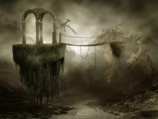 Fototapete Rund Hängebrücke über fliegenden Felsen © Obsidian Fantasy