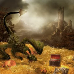 Foto op Plexiglas Fantasielandschap met een draak, schat en een kasteel © Obsidian Fantasy