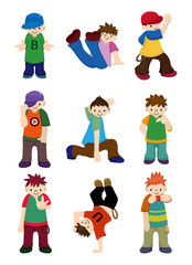 cartoon hip hop boy dancing icon set.