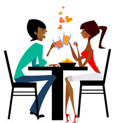 couple raising glasses at dinner table