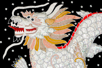 Black silk embroidered dragon art, Myanmar