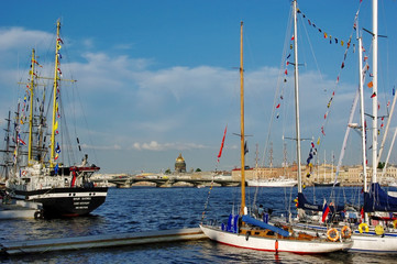 ships at Neva river with St.Isaak cathedral