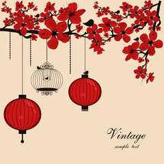 floral background with chinese lanterns and birdcage