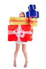 christmas woman carrying gift pile