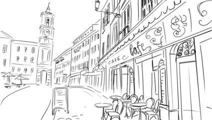 Cercles muraux Café de rue dessiné illustration de croquis. rue - façades de maisons anciennes