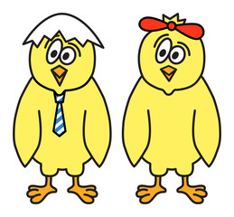 Chickens boy and girl. Funny cartoon illustration.