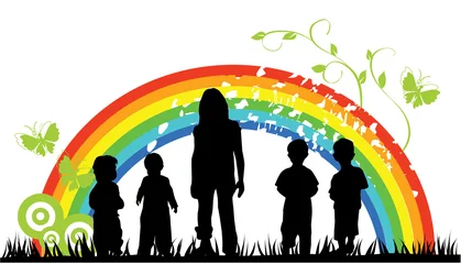 Foto auf Acrylglas Regenbogen Vektor-Kinder-Silhouetten und Regenbogen