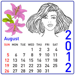 2012 year calendar in vector. August.