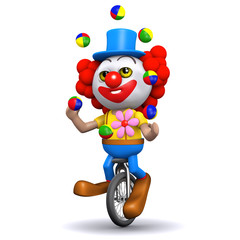 3d Clown juggles whilst riding his unicycle
