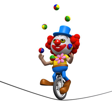 3d Clown juggles on the tightrope