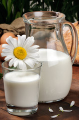 Pitcher of milk with daisy on a wooden table