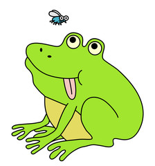 Fat frog waiting for fly. Funny cartoon illustration.