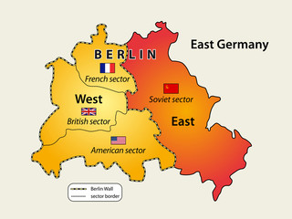 Map of Berlin wall (1961 - 1989) in Cold war.