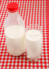 Milk in glass and bottle on checked tablecloth