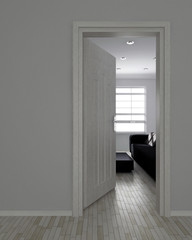 3d Interno con divano finesta e porta aperta