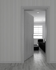 3d Interno con divano finesta e porta aperta