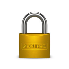 Naklejka premium Secured brass padlock. Isolated on the white background