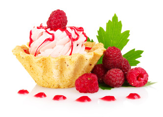 tasty cake with cream and raspberries isolated on white