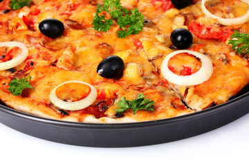 tasty pizza with olives in the pan isolated on white