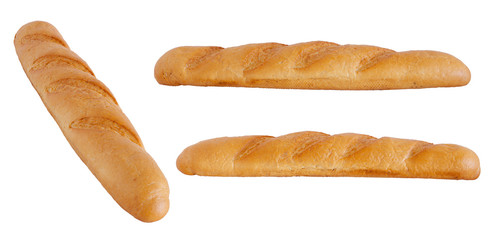 Three daguettes, long french bread. Isolated on white.