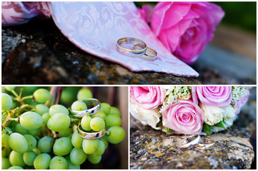 Collage of three wedding photos with rings