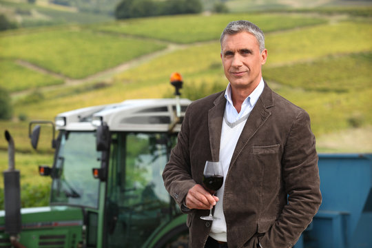 Vineyard owner stood in field with glass of wine