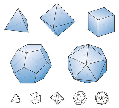 Platonic solids with blue surfaces. Regular, convex polyhedrons in Euclidean geometry. Tetrahedron, hexahedron, octahedron, dodecahedron and icosahedron. Isolated illustration on white background.