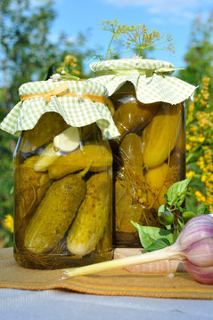 Two Glass Jars Of Homemade Preserves - Cucumbers.